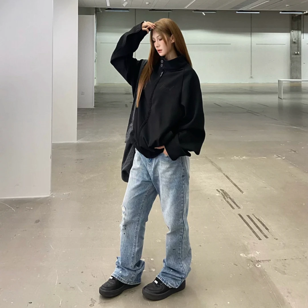 F9#某宝近两张！cleanfit立领刺绣夹克高领纯色短款做旧宽松外套