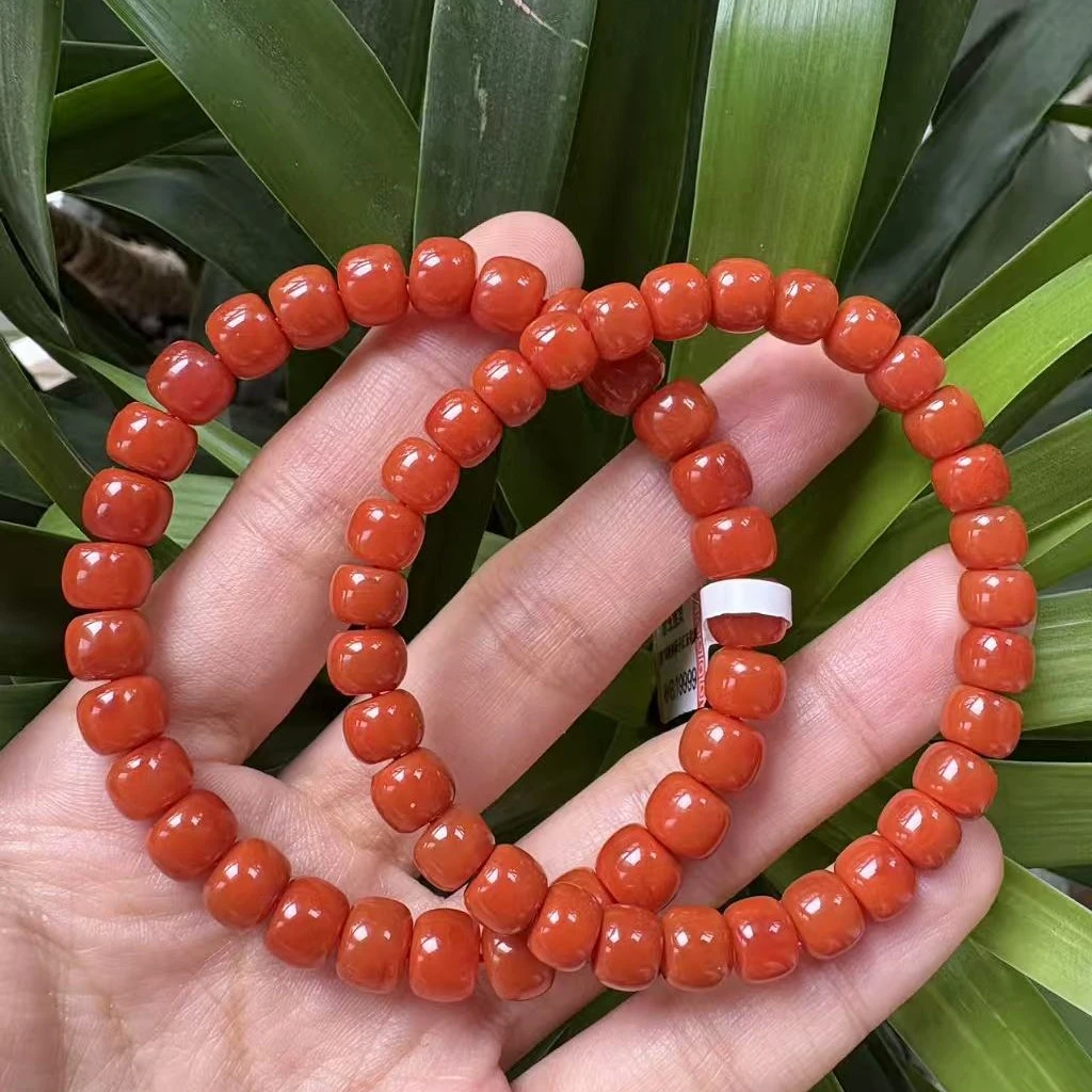 SS级老型单圈柿子红玉化料南红手串 天然原矿多样性发其一