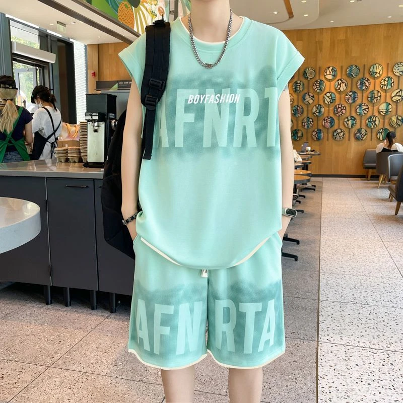 大码背心运动套装男款夏季新款男士加肥加大冰丝透气休闲两件套潮