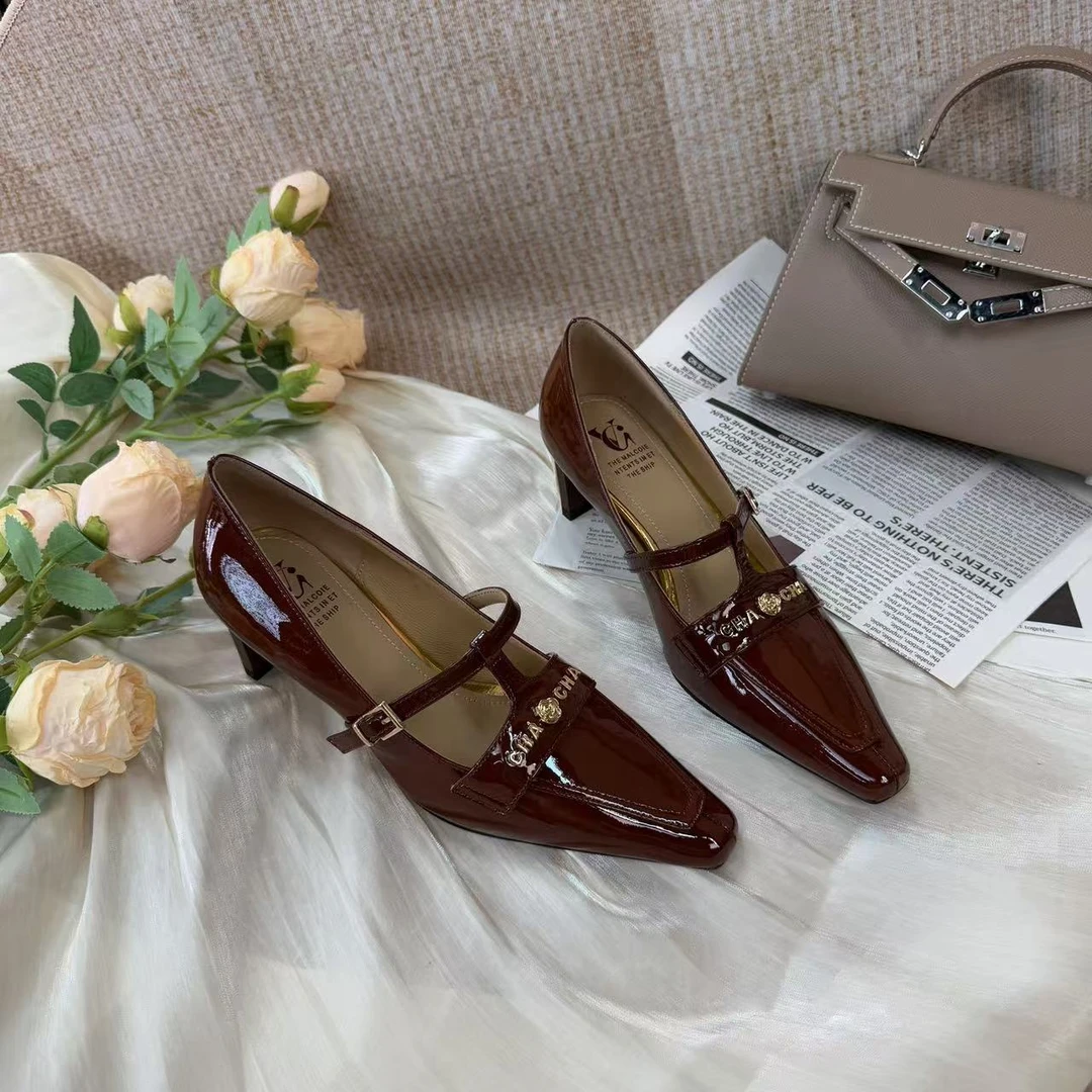 范戈希跟高5CM牛皮春季小方头气质ol时尚浅口方跟单鞋女买1赠3