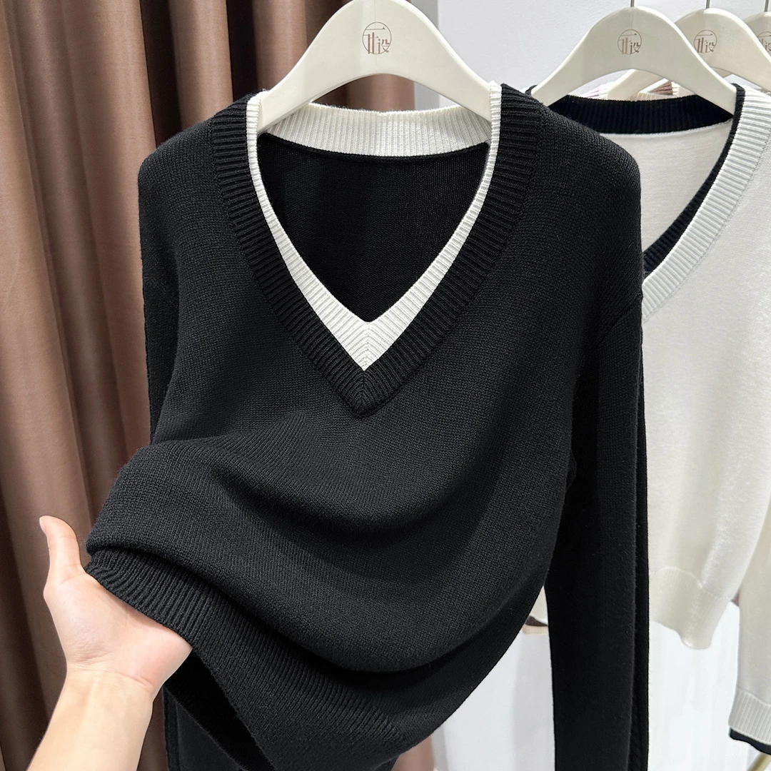 黑色纯欲风长袖V领上衣女秋冬新款气质修身打底T恤纯色柔软针织衫