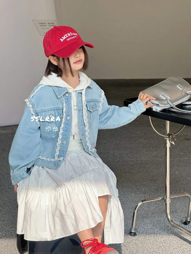 春季新品女童外套重工水洗牛仔外套中大童时尚花边儿童牛仔衣8091