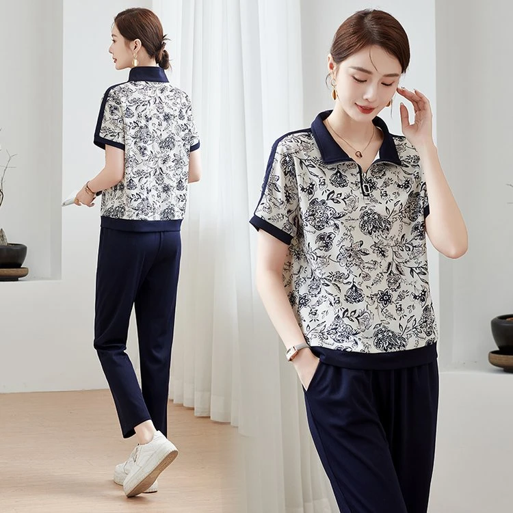 夏天妈妈休闲套装女中年洋气卫衣中老年人气质两件套短袖新款大码
