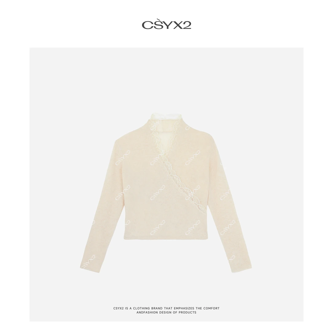 CsyX2-2025S/S早秋新款100山羊绒交叉针织蕾丝针织衫CZ4DM005