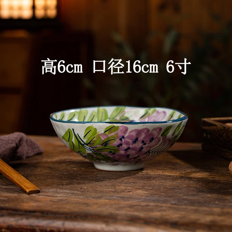 景德镇原创手绘高温釉下彩绿叶紫藤手捏锤纹碗