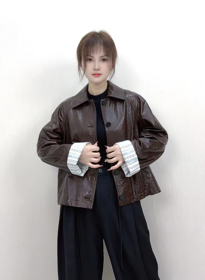 真皮皮衣女装翻领休闲上衣长袖秋季外套女装标准皮衣