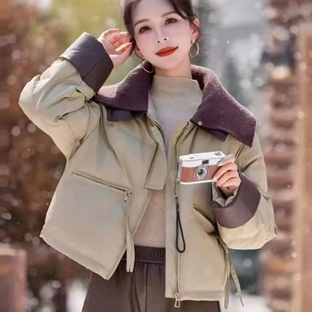 【秋冬新款】拼接撞色毛线领大翻领短款棉服外套女