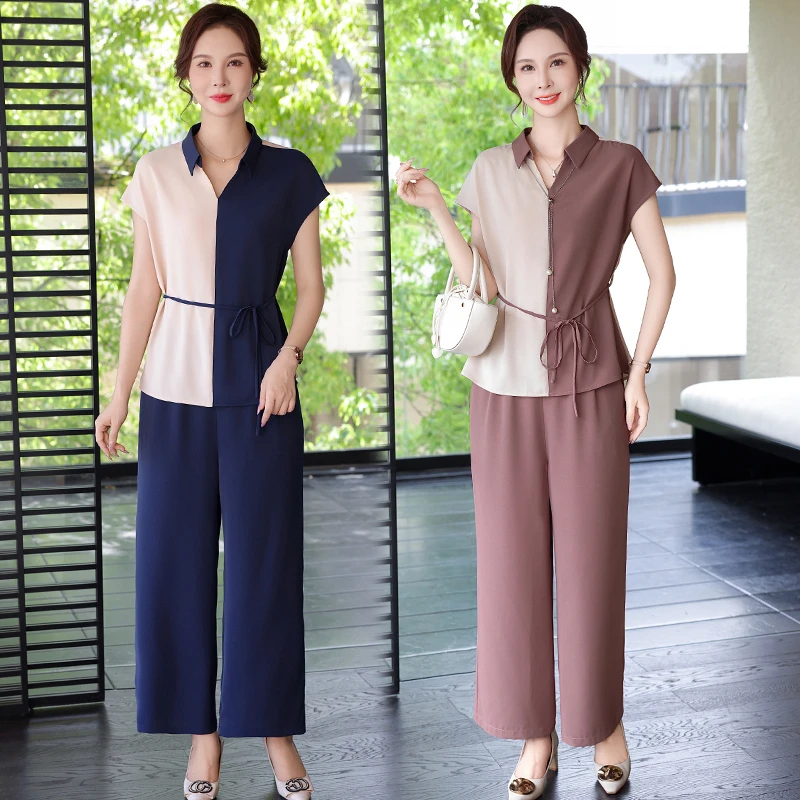 妈妈装夏装时尚撞色小衫直筒裤两件套2025新款中老年洋气上衣套装
