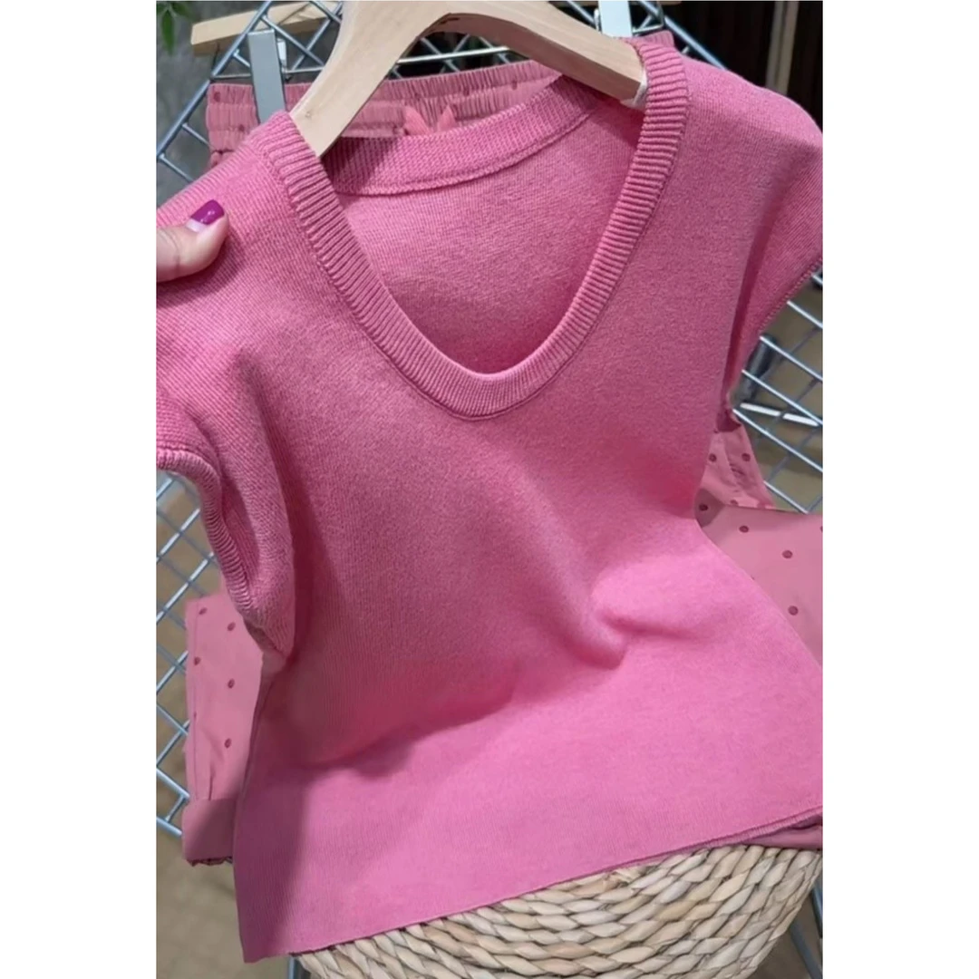 今年流行穿搭2025夏季新款温柔风纯色针织衫宽松百搭休闲短袖上衣