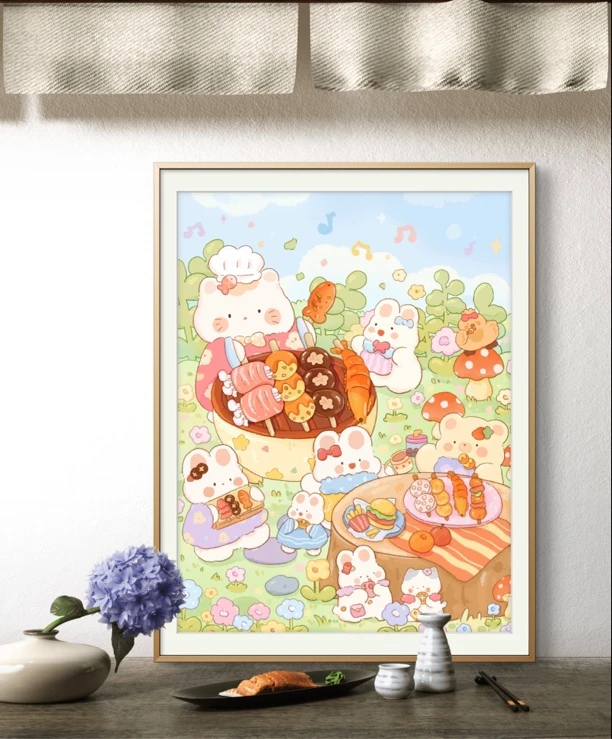 【进口棉布】烧烤小兔-四股满绣-棉线60*80厘米（需自己绣）