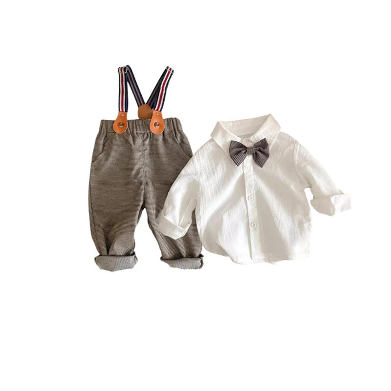 婴儿绅士套装春秋宝宝周岁礼服男童衬衫背带裤2件套