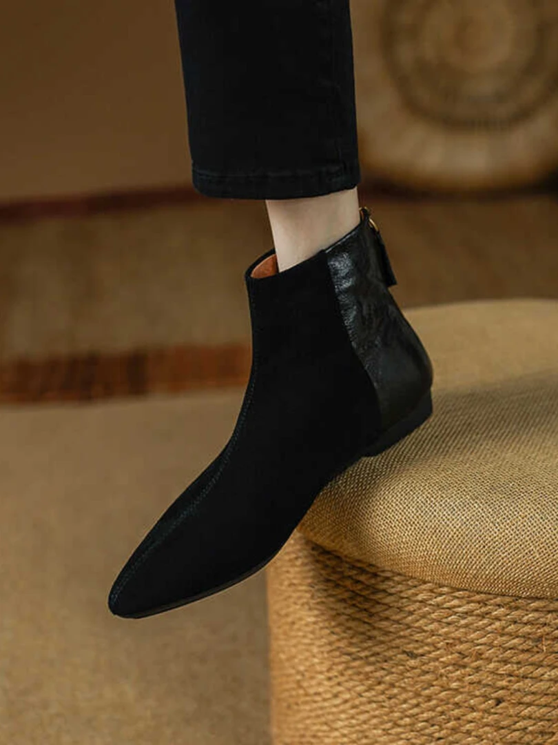 羊皮断码清仓真皮磨砂尖头短靴女2025秋冬新款复古百搭平底瘦瘦靴