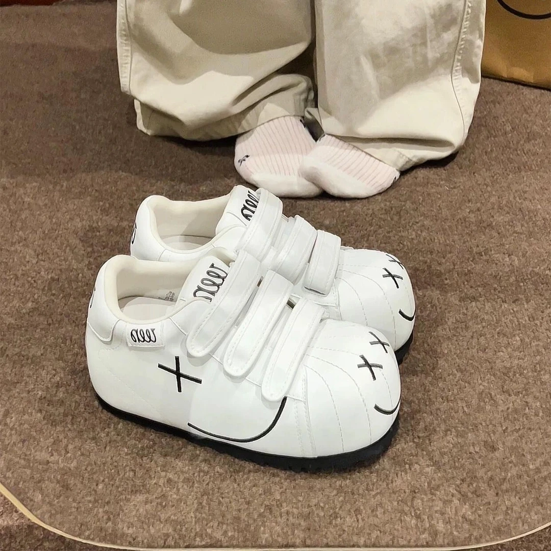 魔术贴面包大头鞋女2025新款厚底休闲百搭笑脸板鞋韩版运动小白鞋