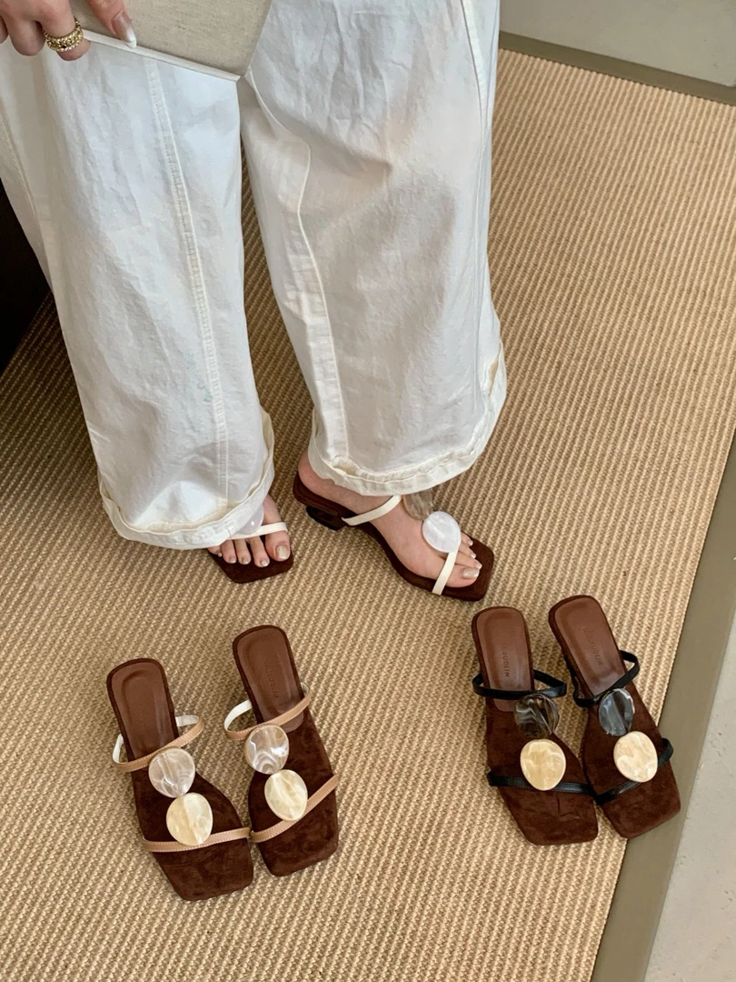 团团家 01-5 法式复古气质露趾凉拖鞋女夏季外穿一字拖沙滩鞋