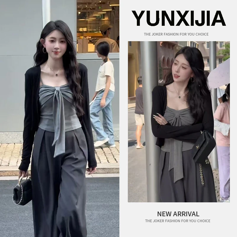 新款2025年秋季韩系灰色抹胸纯欲气质修身显瘦开衫宽松长裤三件套