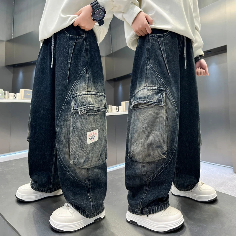 男童牛仔裤秋装2025新款中大童韩系个性痞帅阔腿裤秋季炸街工装裤