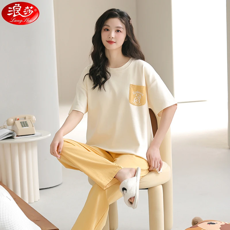 浪莎睡衣女夏季纯棉薄款短袖长裤2025新款大码休闲家居服套装