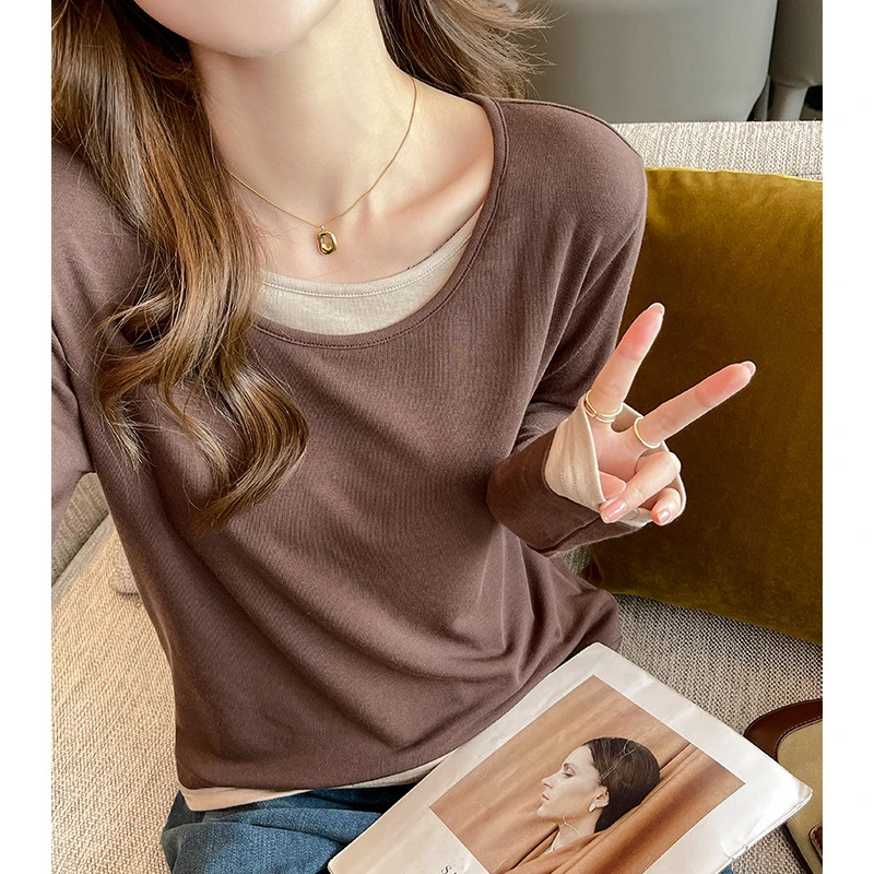 严选时尚假两件长袖打底衫女洋气百搭圆领高级感内搭外穿t恤上衣