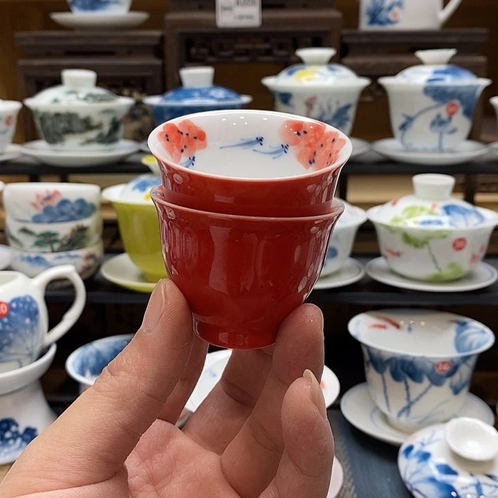 手绘微瑕红色杯子2个装