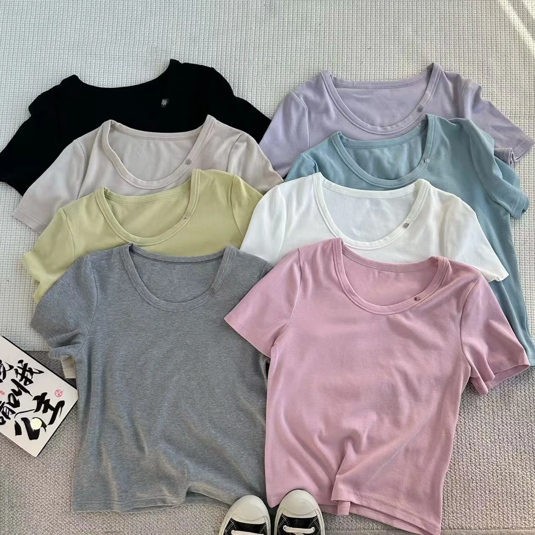 ［家淇定制］新款韩版百搭修身显瘦时尚领标纯色U领打底短袖T恤6309