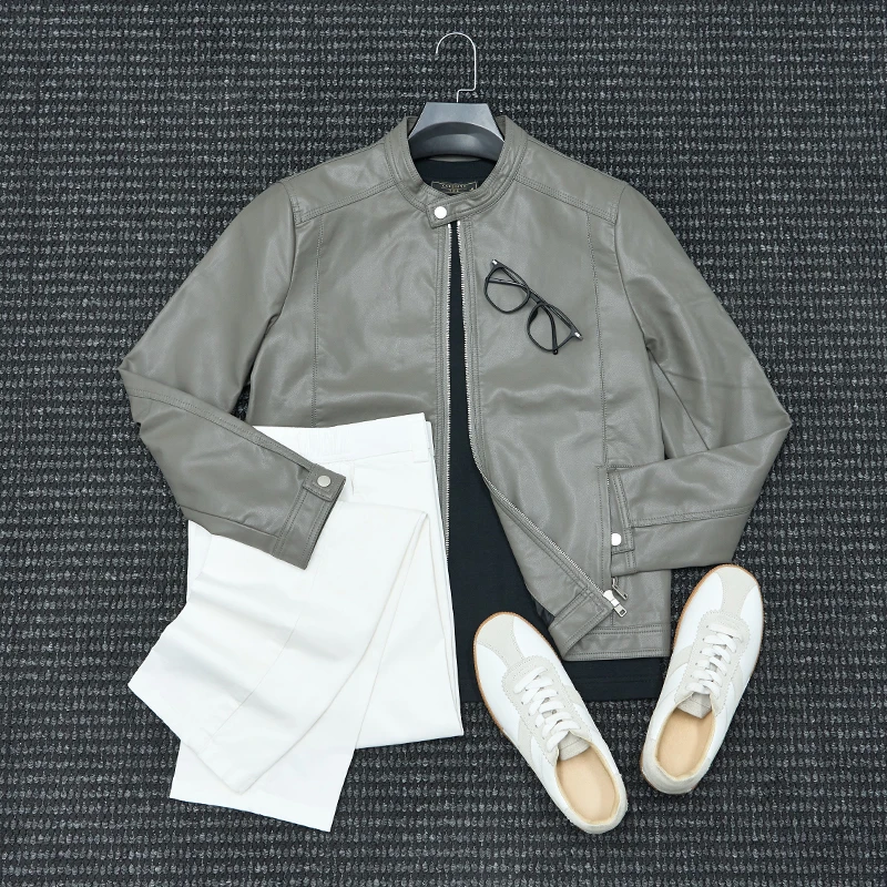 There isrice美式休闲立领PU软皮衣男士骑行复古机车服皮夹克外套