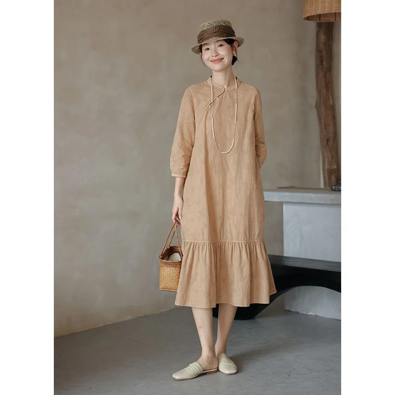 春夏宽松显瘦炸街高档亚麻棉提花旗袍裙子中式女装禅意仙气飘飘
