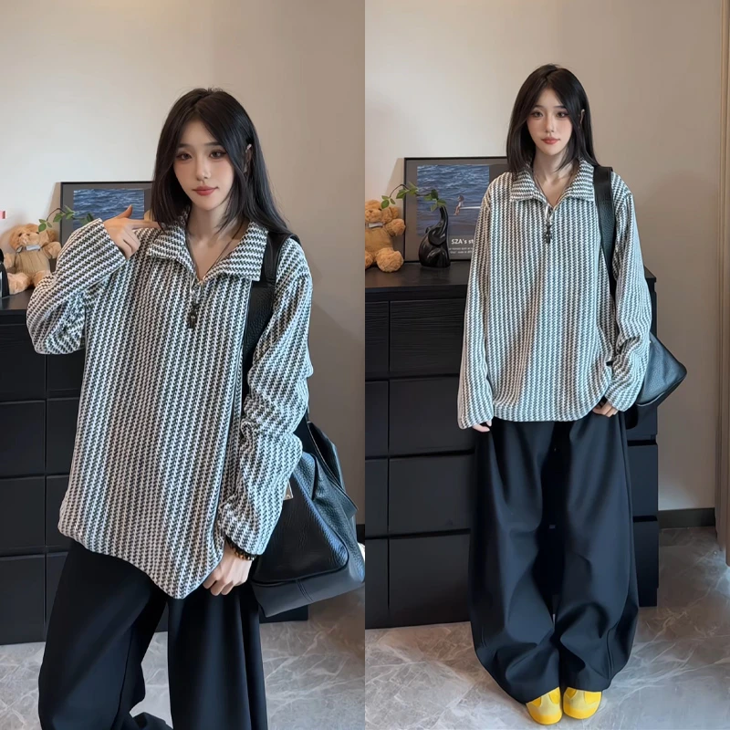 鱼骨纹海鸥领长袖t恤男女秋季潮牌内搭打底衫松弛感宽松情侣卫衣