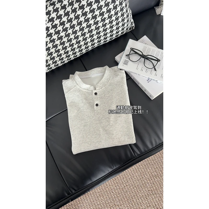 美式重磅亨利领长袖t恤男女春秋新款潮牌宽松休闲百搭打底衫上衣