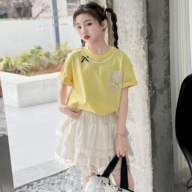 女童夏季蕾丝套装2025洋气中大童韩版t恤学院风蛋糕裙两件套夏装9