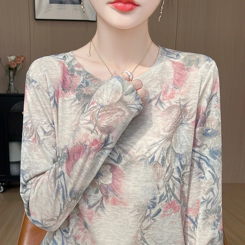 哥弟阿玛施正品新款初秋长袖T恤百搭气质印花圆领复古港风漂亮衫