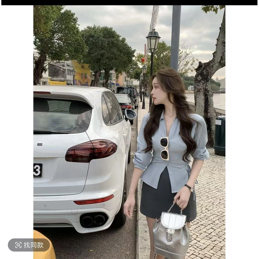 2246春季新款韩系气质翻领收腰衬衫