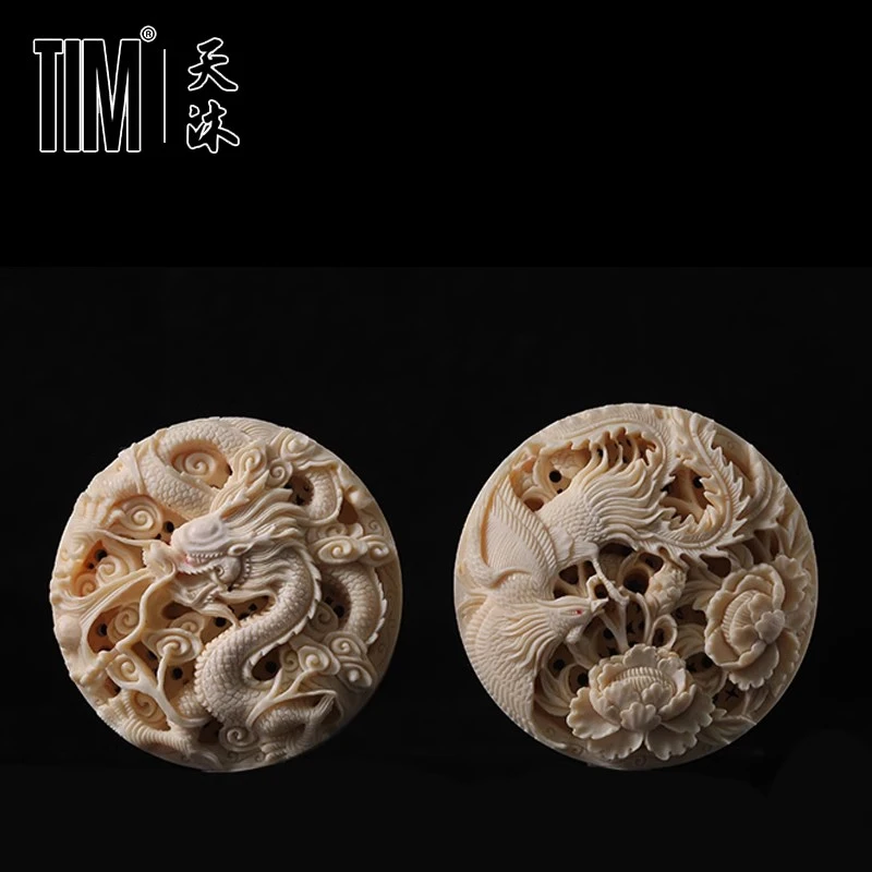 TIM猛犸象牙手工精雕镂空龙凤呈祥圆牌吊坠星月菩提项链挂件