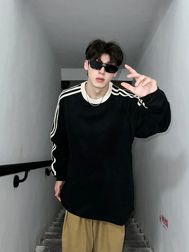 美式条纹卫衣男生秋季穿搭圆领三条杠外套宽松高街重磅长袖打底衫