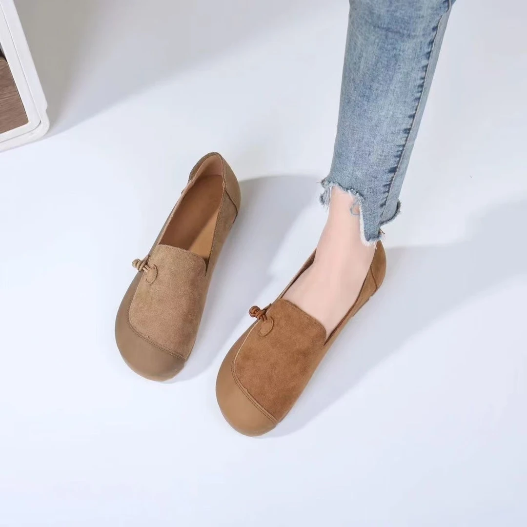 复古春秋豆豆舒适牛筋平底单鞋新款脚蹬软底软面民族风格妈妈鞋