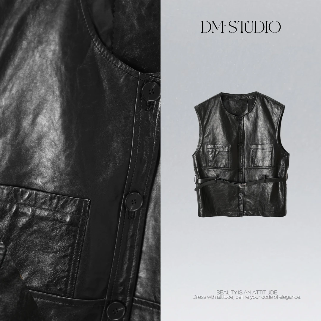 DEDM•STUDIO/气质小众轻奢高级感系带圆领羊皮马甲2508MJ/1982