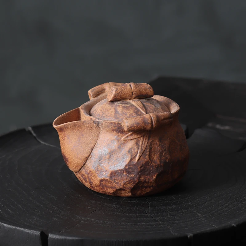 川治.中式复古竹节手抓壶粗陶老岩泥宝瓶泡茶壶锤纹陶瓷单壶茶壶