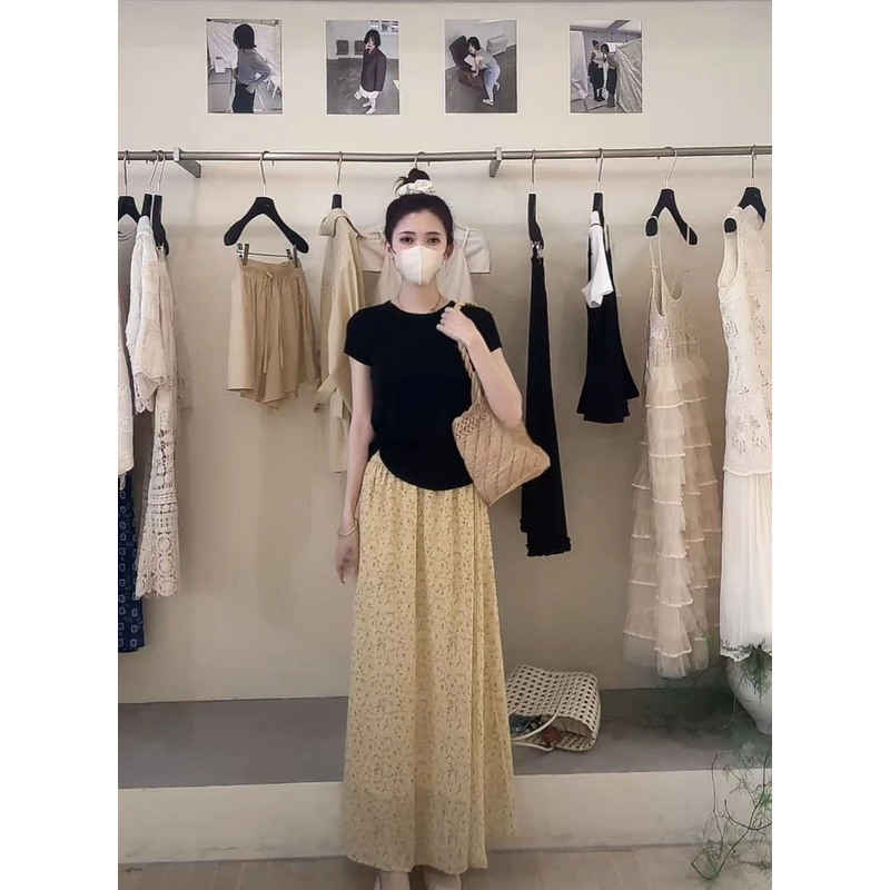 韩系复古显瘦松紧腰碎花裙88004 裙长90