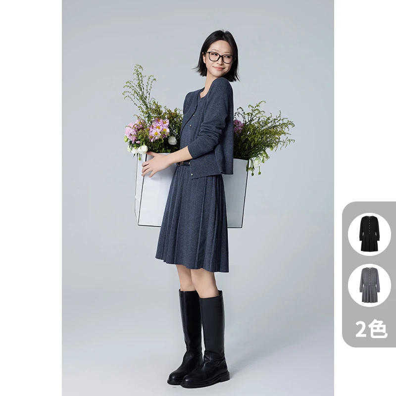 A美洋MEIYANG 赫本假日针织套装 绵羊毛混纺_圆领开衫/无袖连衣裙