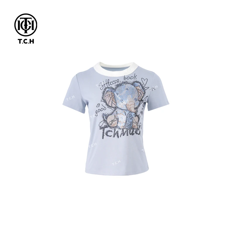 TCH-私服蓝色小象烫钻时尚休闲圆领拼接T恤T75A10E5002