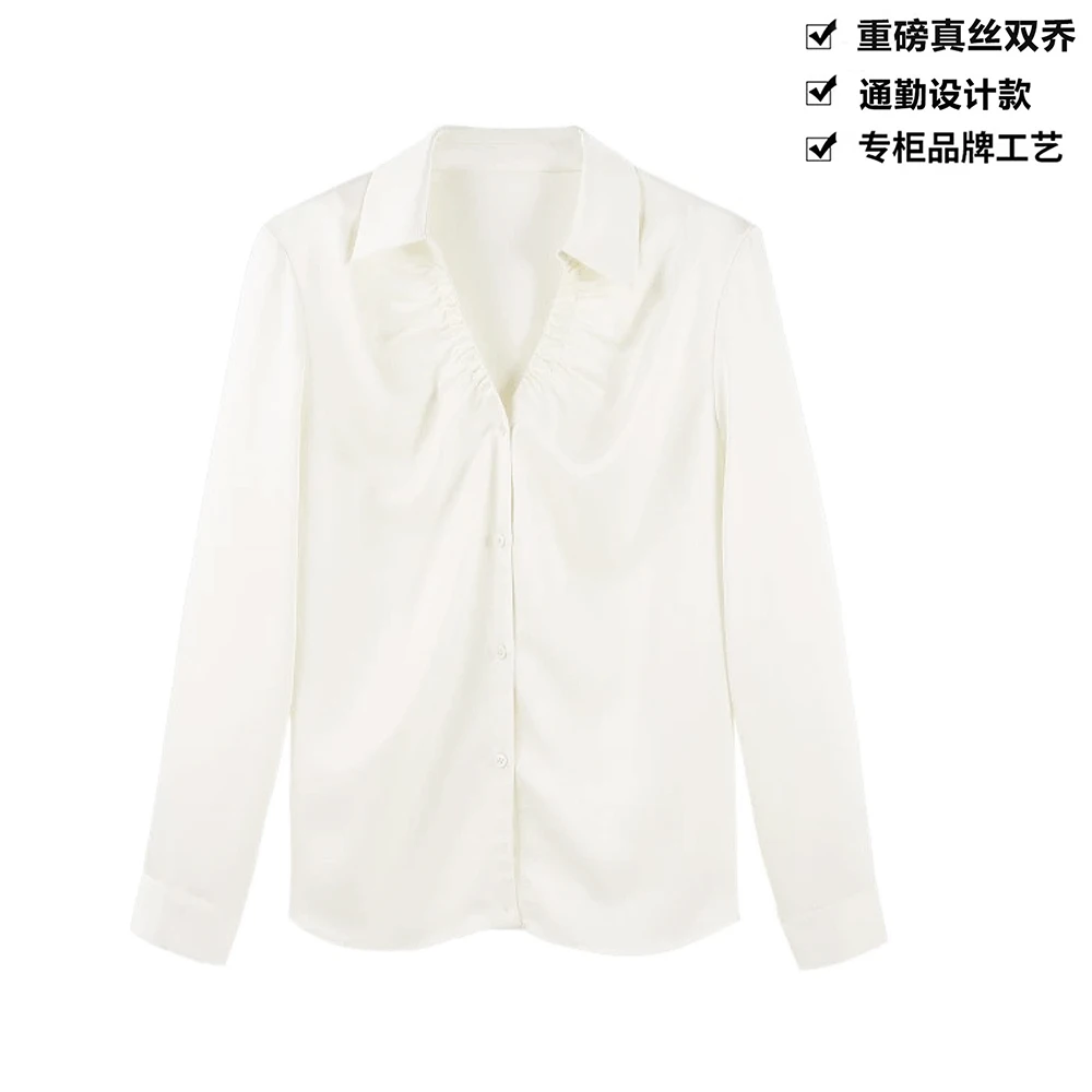 重磅真丝双乔纯色压褶半开领长袖桑蚕丝衬衫上衣ZKD27白色