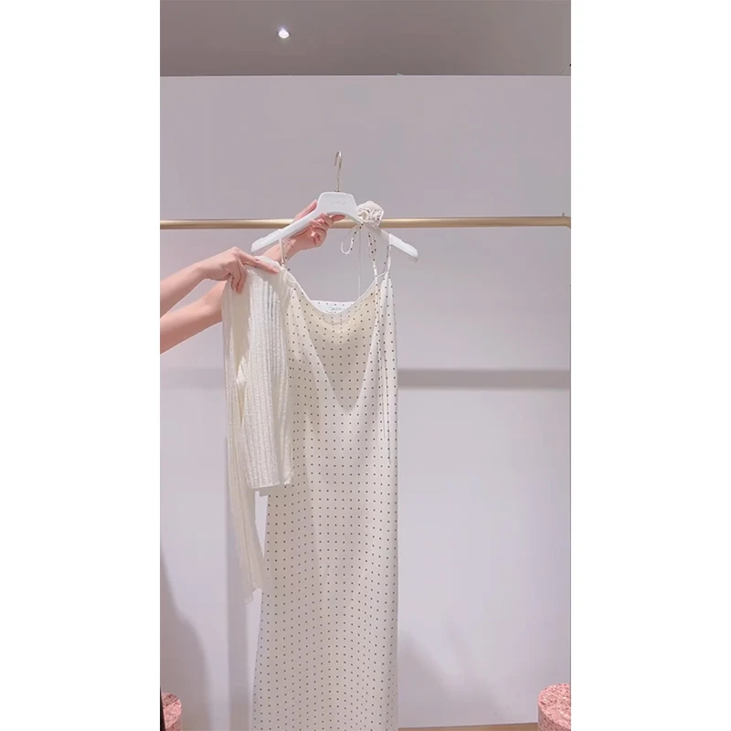 韩系风白色长袖V领开衫套装女夏季新款时尚圆点宽松连衣裙两件套