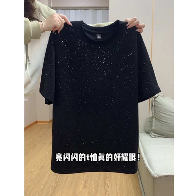 200斤日系chic气质细闪亮片高级感独特正肩宽松短袖t恤女夏季潮