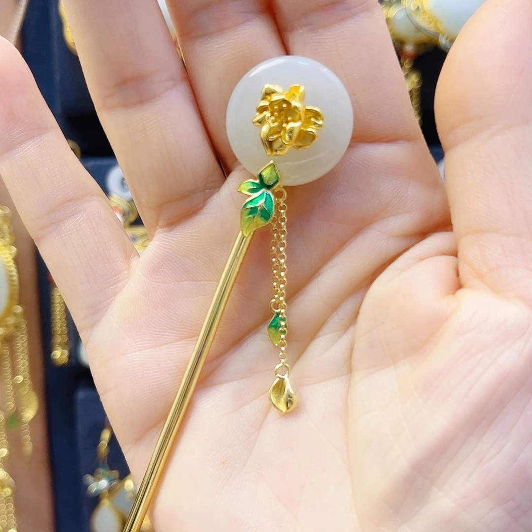 和田玉银S925镀金镶嵌发饰