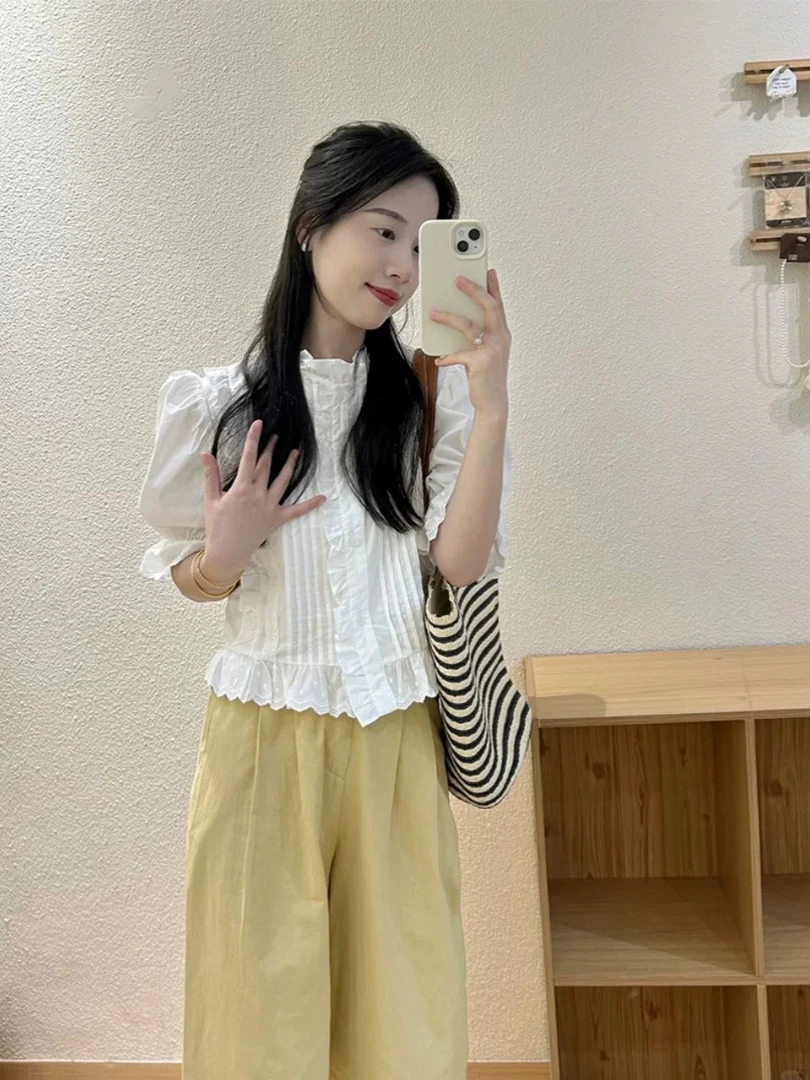 圆领木耳百搭短袖休闲泡泡袖衬衫设计感夏季减龄气质显瘦宽松