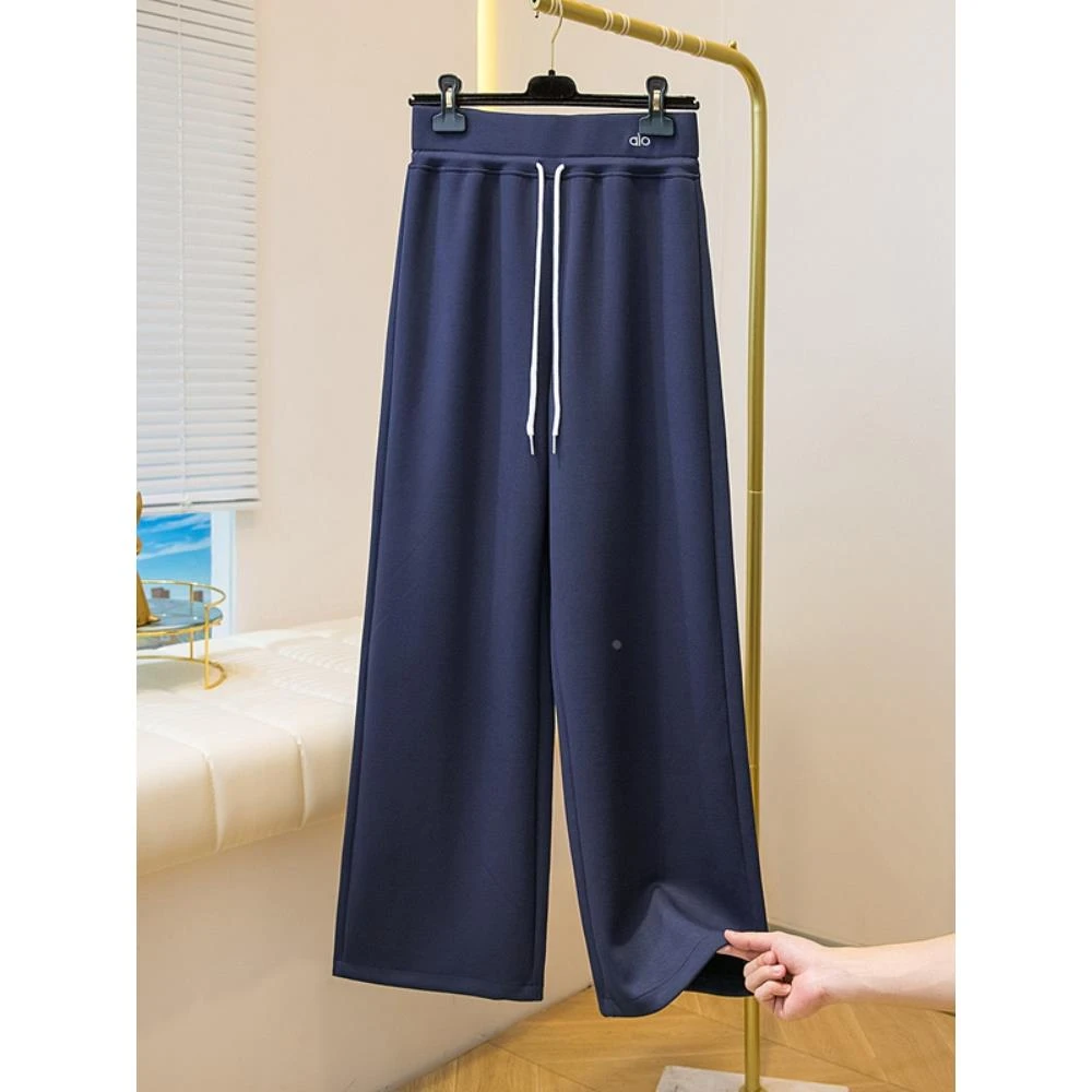 杜拉妮藏青色直筒阔腿裤女2025秋季新款大码高腰显瘦宽松休闲运动