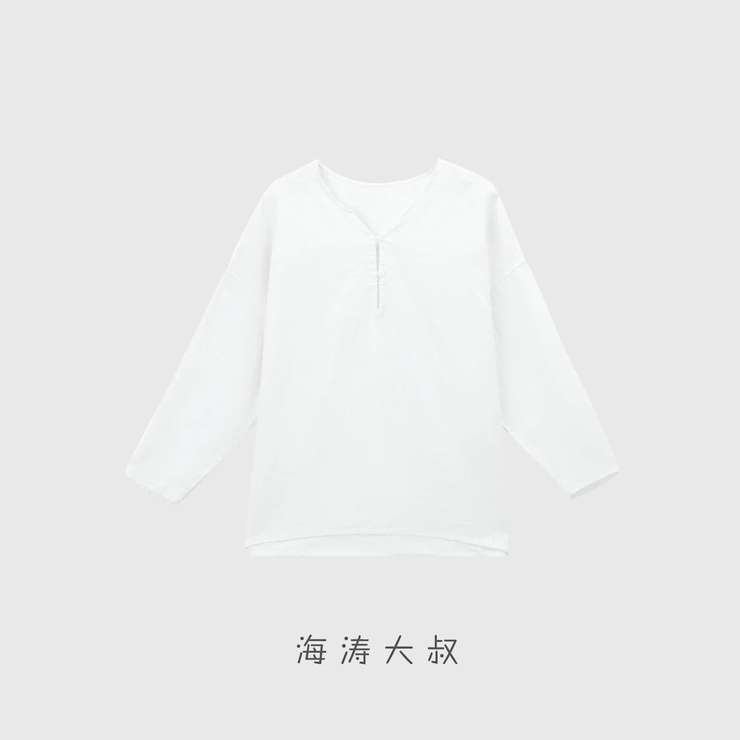 【海涛大叔】「浮云月中」高订松弛感亚麻筋骨法式圆领衬衫HMRD7777