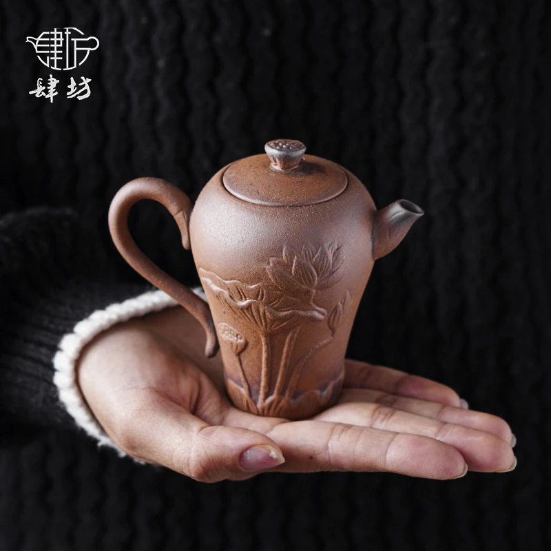 肆坊壹品粗陶荷花将军壶家用可养中式复古泡茶手工壶浮雕荷花单壶