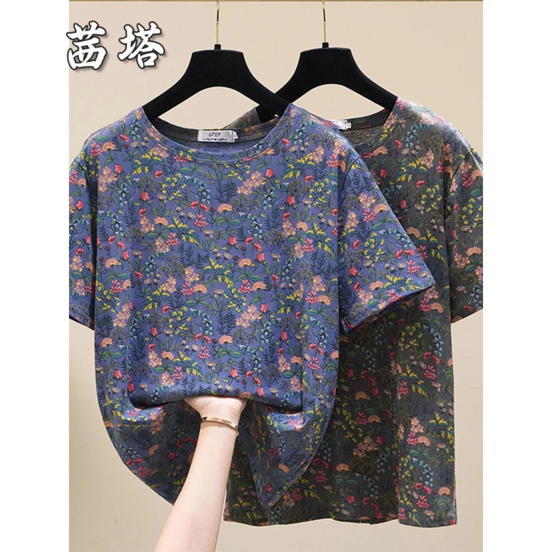 夏季胖mm大码短袖印花t恤女宽松显瘦上衣圆领T恤小众复古半袖女装