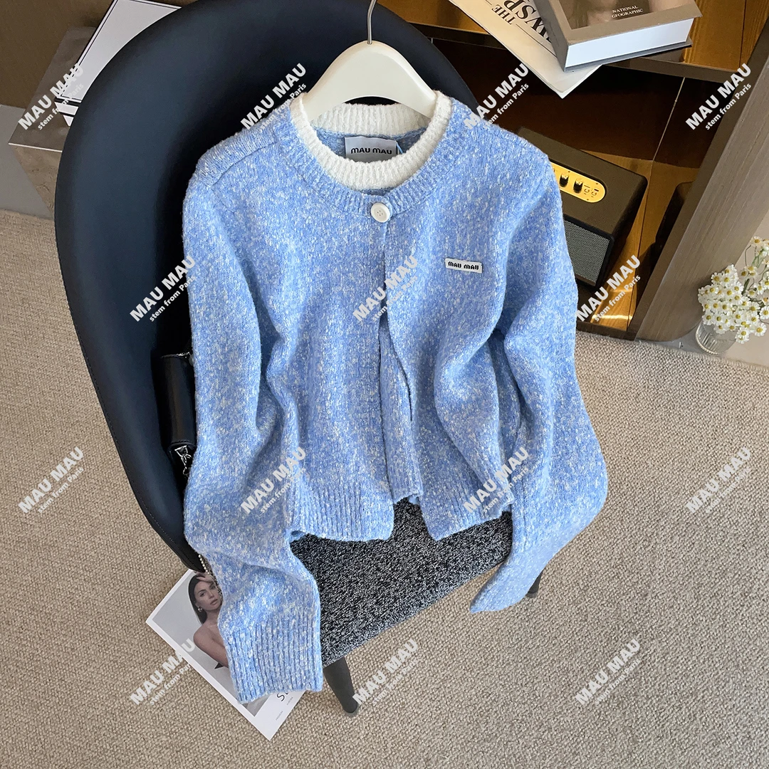 韩系撞色假两件针织衫开衫女新款减龄女士软糯毛衣外套MAU1788