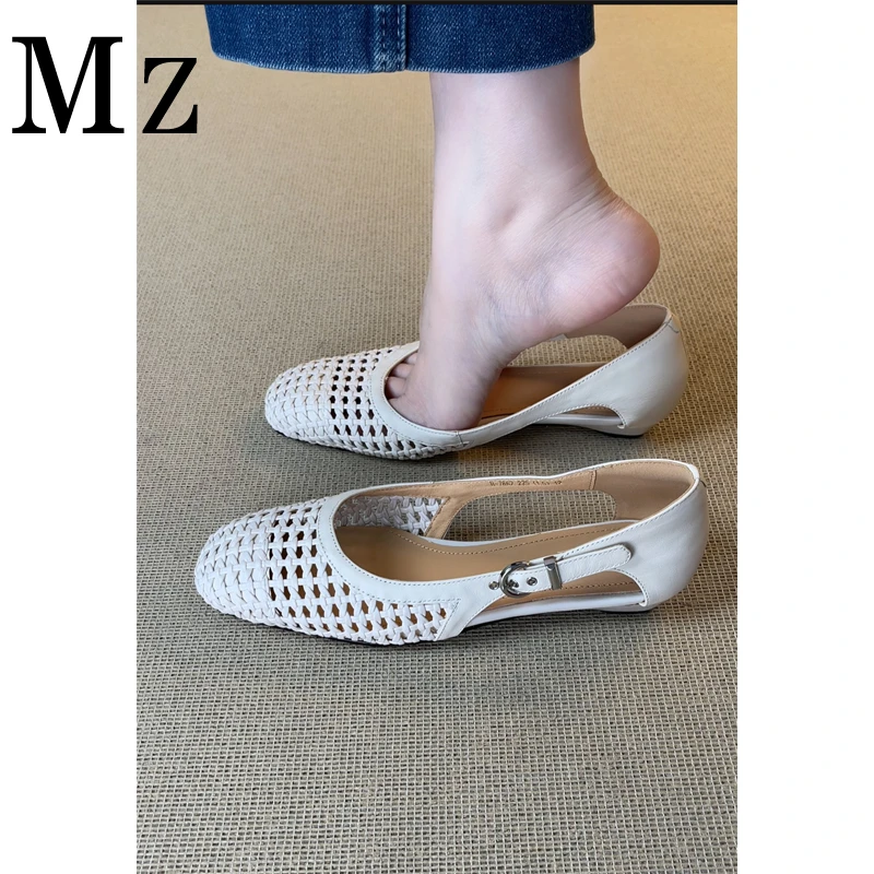 Mr.Zheng/2.5cm/浅口简约纯色中空包头凉鞋编织风透气夏季女鞋